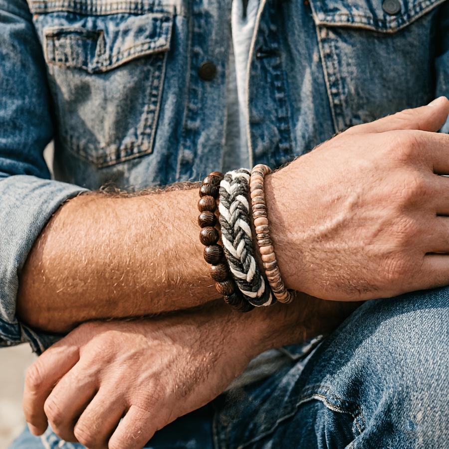 3pc Vintage Braided Rope Bracelet Set for Men, Black Wooden Beads